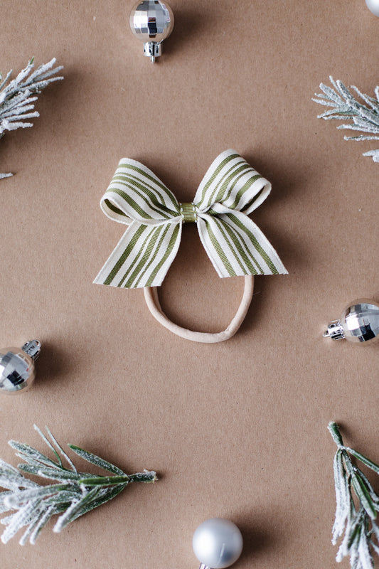 Sage Green Stripe Elastic Band Hair Bow