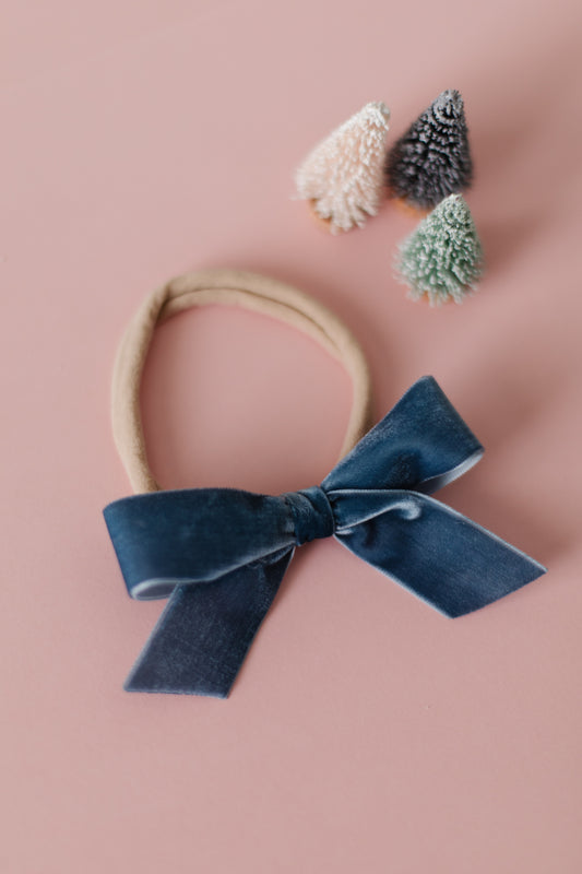 French Blue Velvet Elastic Band Hair Bow