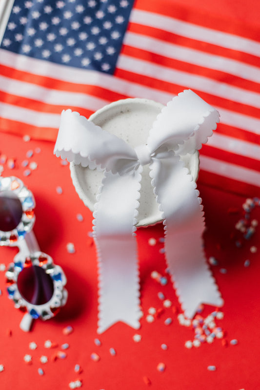 Large White Satin Scallop Hair Bow